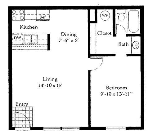 Floor plan for 1 bed, 1 bath, 950 sqft